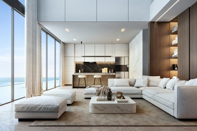 Living room luxury house in modern style.White sofa with pool and sea view.3d rendering