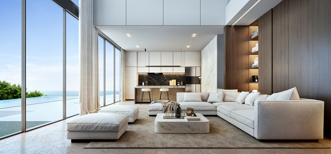 Living room luxury house in modern style.White sofa with pool and sea view.3d rendering