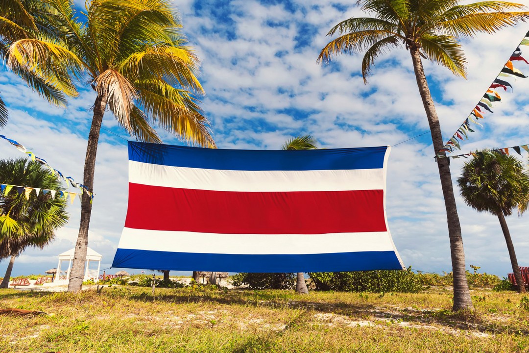The flag of Costa Rica with palm trees and the blue cloudy sky. Beautiful tropical landscape. An exotic southern nature.